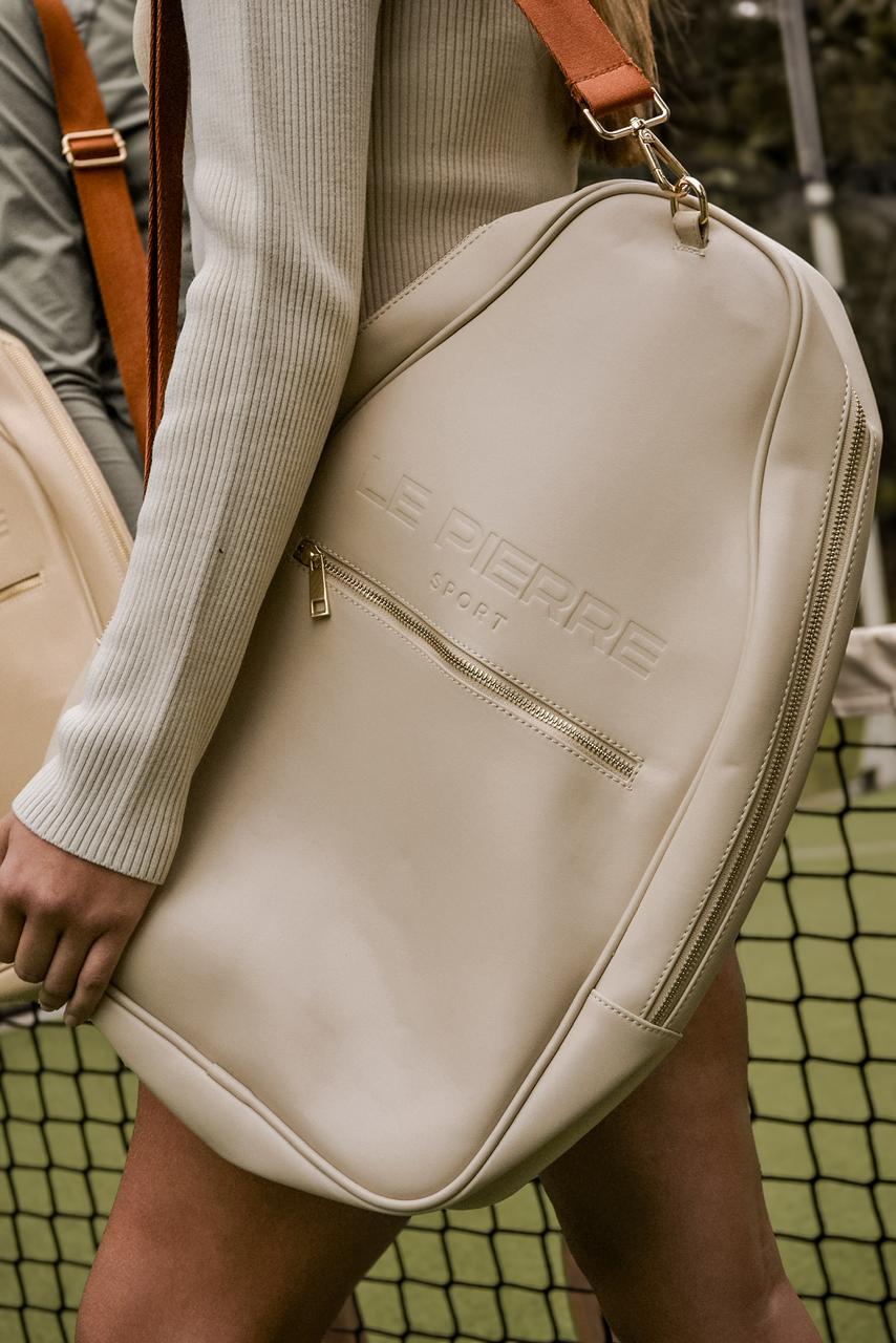 Close view of the Le Pierre Sport padel bag with tan strap